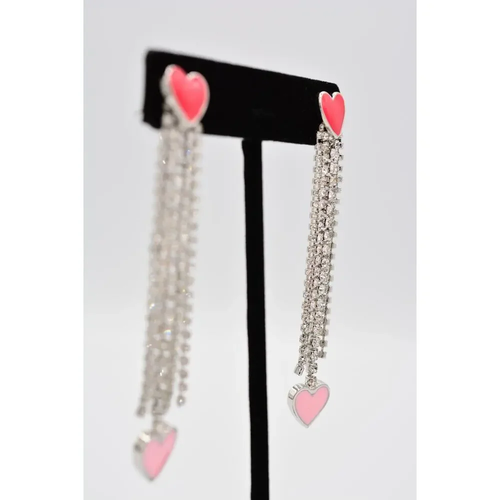 Guess Heart Earrings Rhinestone Crystal Fringe Red Pink Valentine Signed BinAA